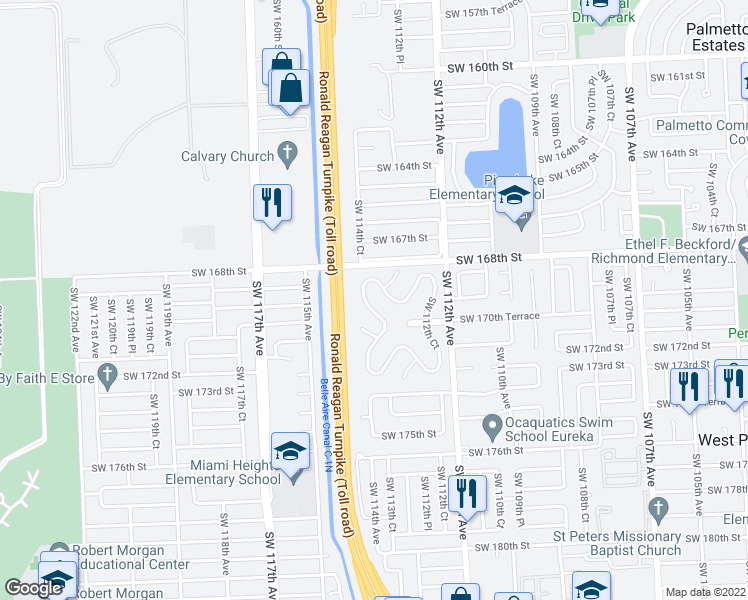 map of restaurants, bars, coffee shops, grocery stores, and more near 16964 Southwest 113th Court in Miami