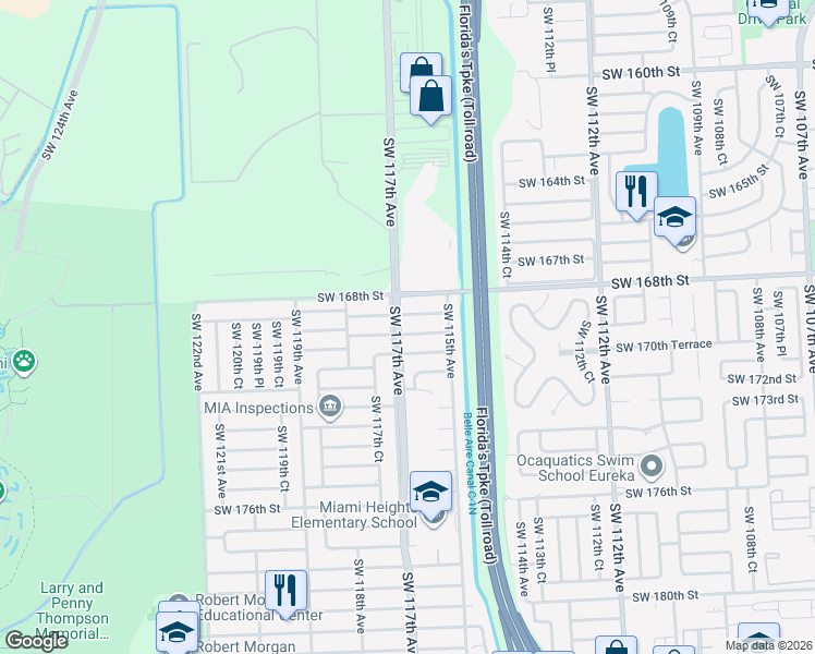 map of restaurants, bars, coffee shops, grocery stores, and more near 11700 Southwest 169th Terrace in Miami