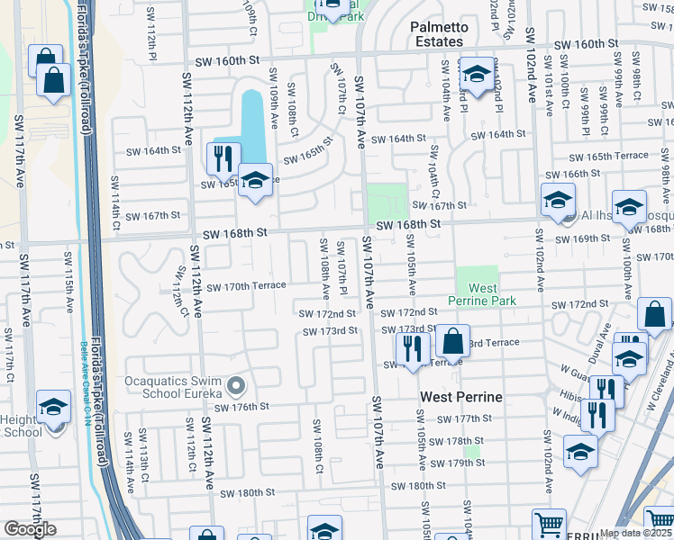 map of restaurants, bars, coffee shops, grocery stores, and more near 16922 Southwest 107th Place in Miami