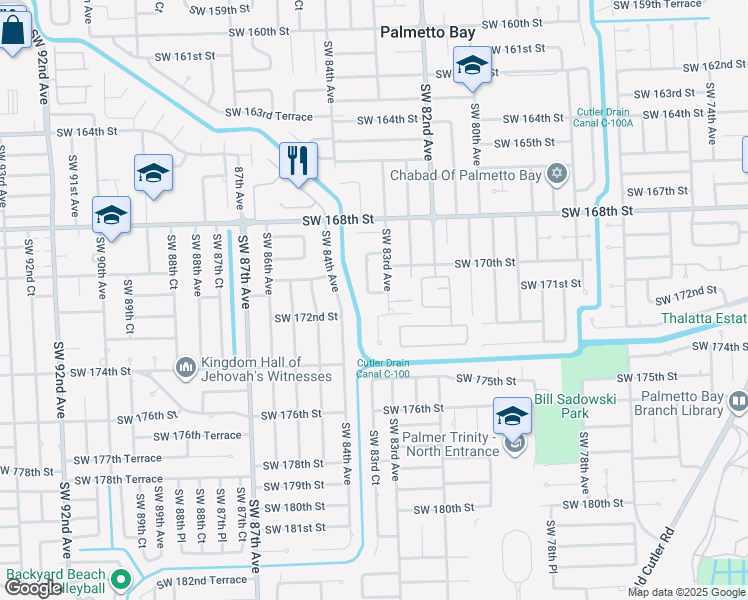 map of restaurants, bars, coffee shops, grocery stores, and more near 8305 Southwest 172nd Street in Palmetto Bay