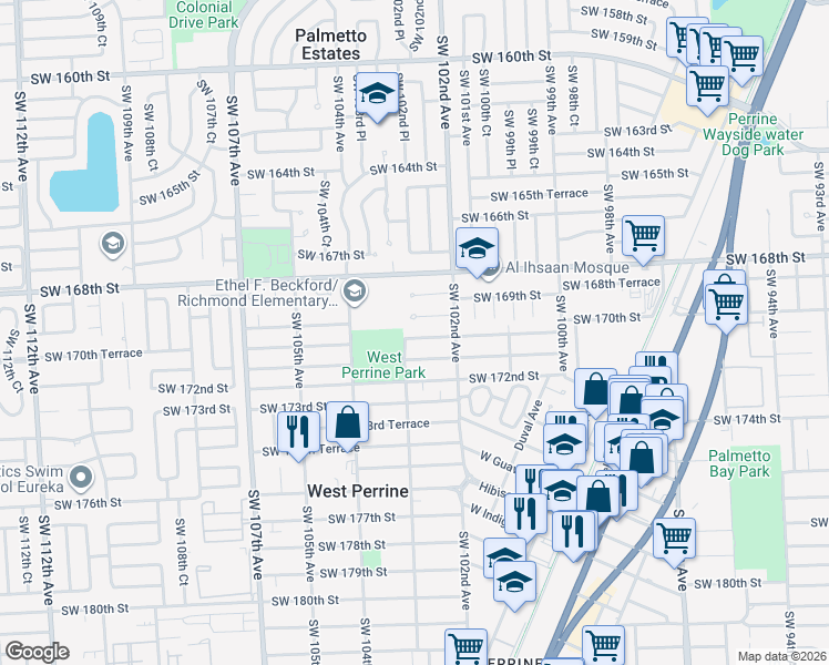 map of restaurants, bars, coffee shops, grocery stores, and more near 10265 Southwest 170th Terrace in Miami