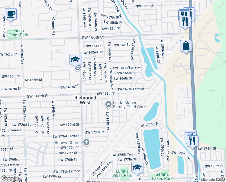 map of restaurants, bars, coffee shops, grocery stores, and more near 14360 Southwest 168th Street in Miami