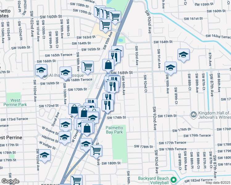 map of restaurants, bars, coffee shops, grocery stores, and more near 17051 South Dixie Highway in Palmetto Bay
