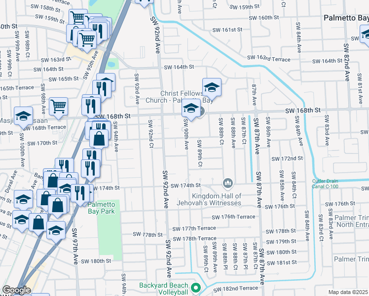 map of restaurants, bars, coffee shops, grocery stores, and more near 17080 Southwest 90th Avenue in Palmetto Bay