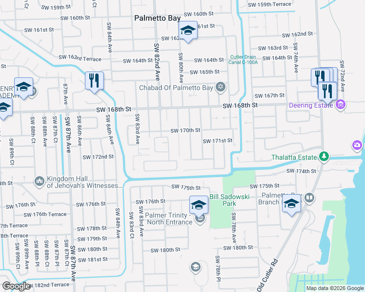 map of restaurants, bars, coffee shops, grocery stores, and more near 17142 Southwest 79th Place in Palmetto Bay