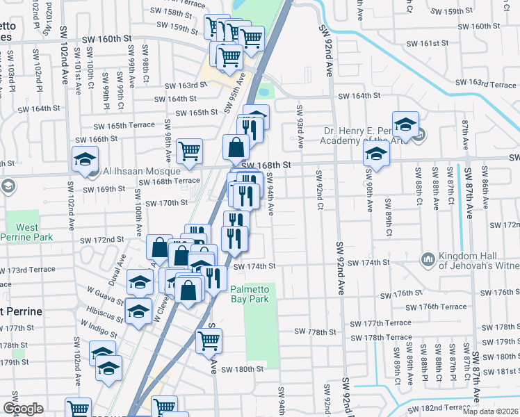 map of restaurants, bars, coffee shops, grocery stores, and more near 17051 South Dixie Highway in Palmetto Bay