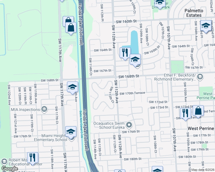 map of restaurants, bars, coffee shops, grocery stores, and more near 16994 Southwest 112th Court in Miami