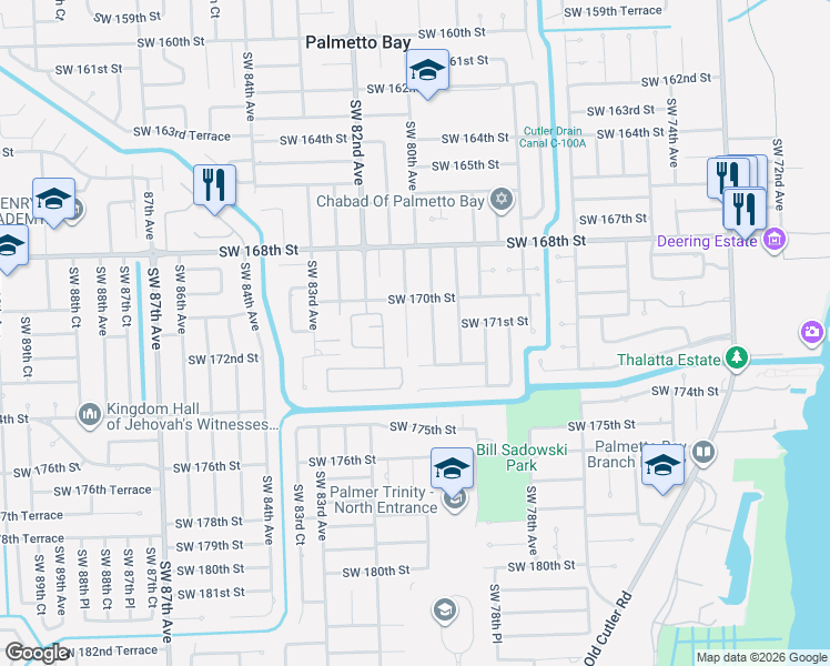 map of restaurants, bars, coffee shops, grocery stores, and more near 17142 Southwest 79th Place in Palmetto Bay