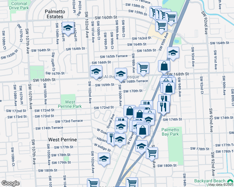map of restaurants, bars, coffee shops, grocery stores, and more near 10015 Southwest 171st Street in Miami
