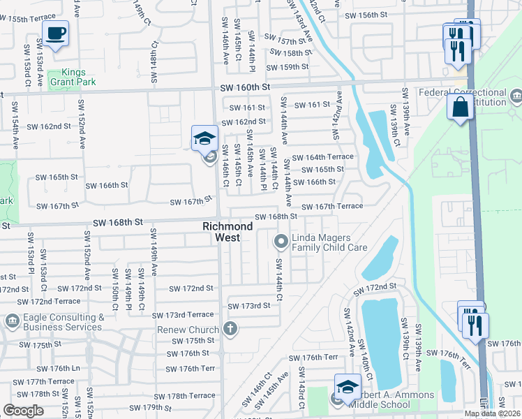 map of restaurants, bars, coffee shops, grocery stores, and more near 14452 Southwest 168th Street in Miami
