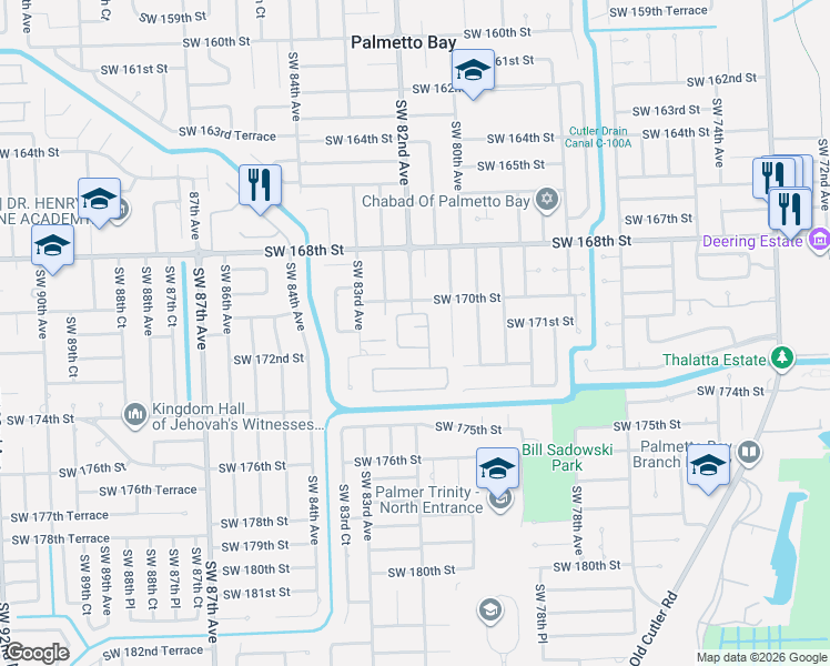 map of restaurants, bars, coffee shops, grocery stores, and more near 8226 Southwest 171st Terrace in Palmetto Bay