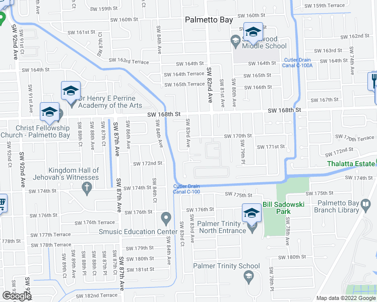 map of restaurants, bars, coffee shops, grocery stores, and more near 8301 Southwest 171st Street in Palmetto Bay
