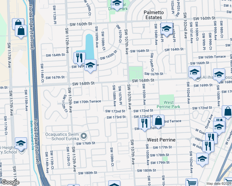 map of restaurants, bars, coffee shops, grocery stores, and more near 16901 Southwest 108th Avenue in Miami