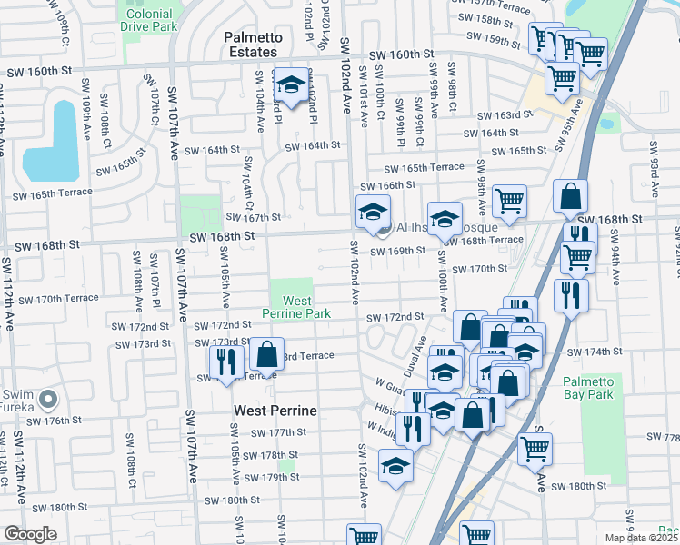 map of restaurants, bars, coffee shops, grocery stores, and more near 10220 Southwest 169th Street in Miami