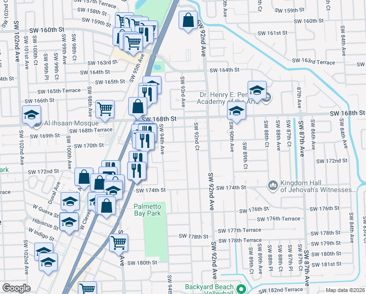 map of restaurants, bars, coffee shops, grocery stores, and more near 16950 Southwest 93rd Avenue in Palmetto Bay
