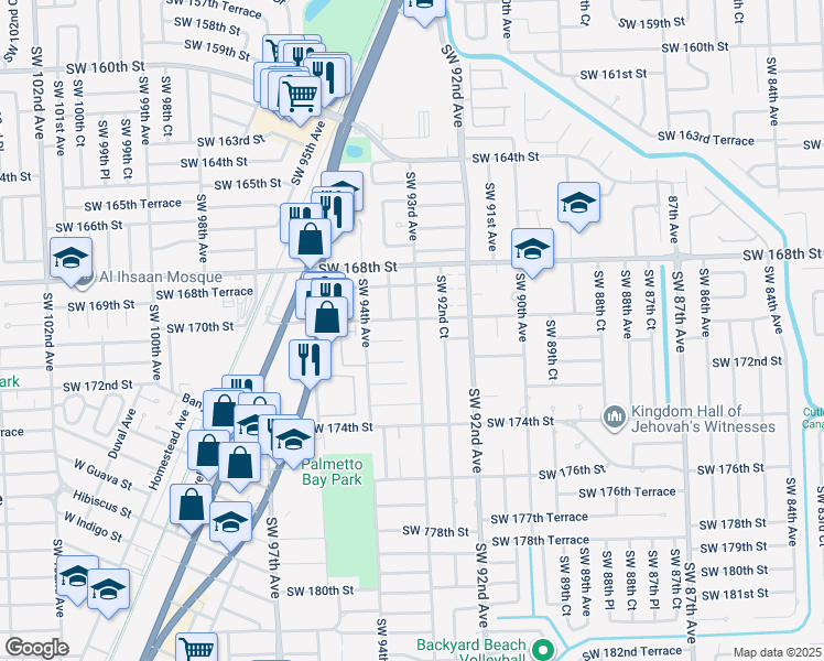 map of restaurants, bars, coffee shops, grocery stores, and more near 16950 Southwest 93rd Avenue in Palmetto Bay