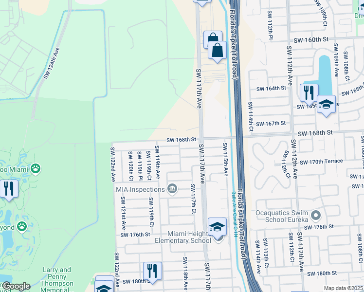 map of restaurants, bars, coffee shops, grocery stores, and more near 11760 Richmond Drive in Miami