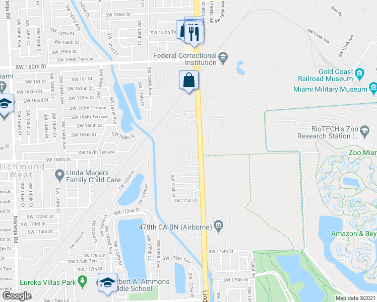 map of restaurants, bars, coffee shops, grocery stores, and more near 16800 Southwest 137th Avenue in Miami
