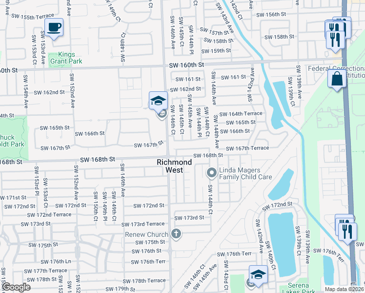 map of restaurants, bars, coffee shops, grocery stores, and more near 16641 Southwest 145th Court in Miami