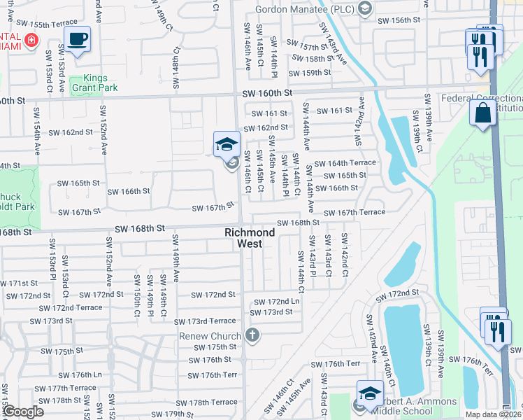 map of restaurants, bars, coffee shops, grocery stores, and more near 16641 Southwest 145th Court in Miami