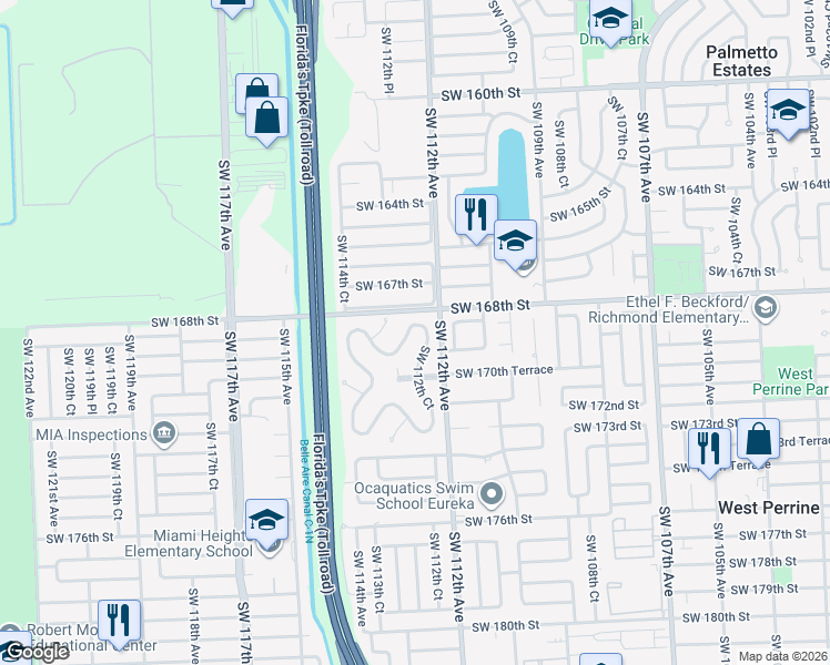 map of restaurants, bars, coffee shops, grocery stores, and more near 11221 Southwest 169th Street in Miami