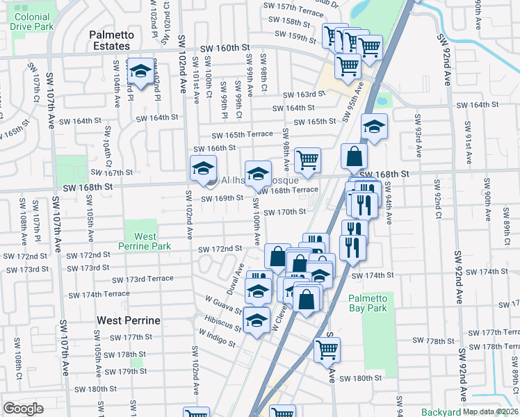 map of restaurants, bars, coffee shops, grocery stores, and more near 16900 Southwest 100th Avenue in Miami