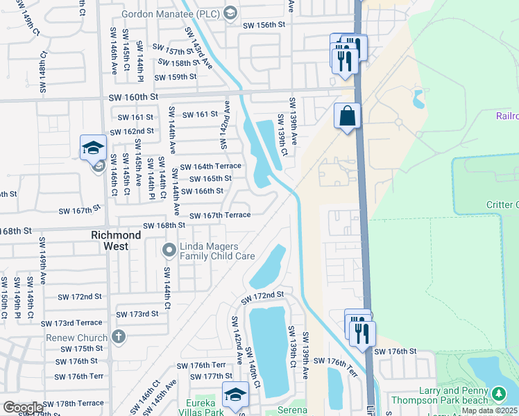 map of restaurants, bars, coffee shops, grocery stores, and more near 16621 Southwest 141st Avenue in Miami