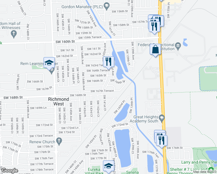 map of restaurants, bars, coffee shops, grocery stores, and more near 14138 Southwest 166th Terrace in Miami