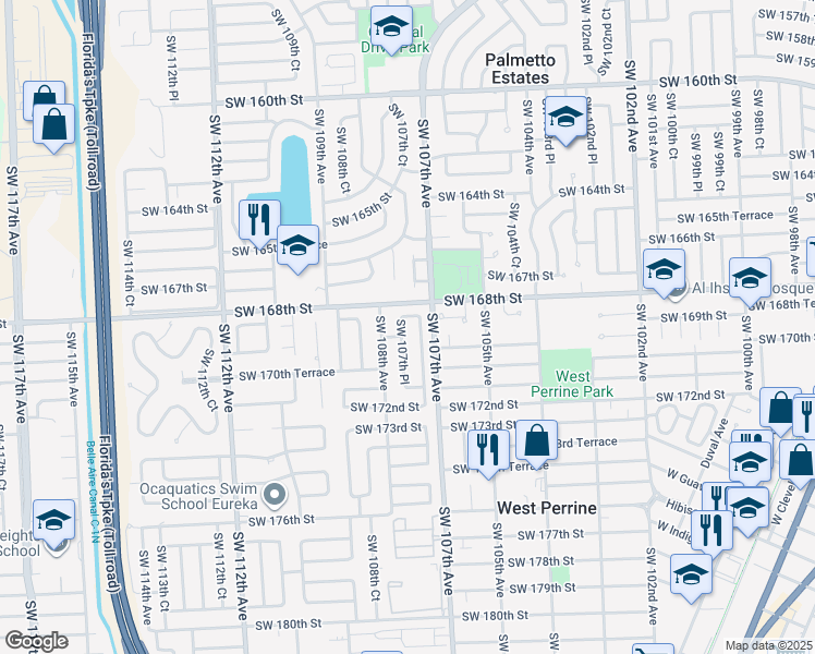 map of restaurants, bars, coffee shops, grocery stores, and more near 16812 Southwest 107th Place in Miami