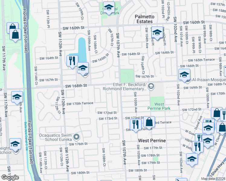 map of restaurants, bars, coffee shops, grocery stores, and more near 16813 Southwest 107th Place in Miami