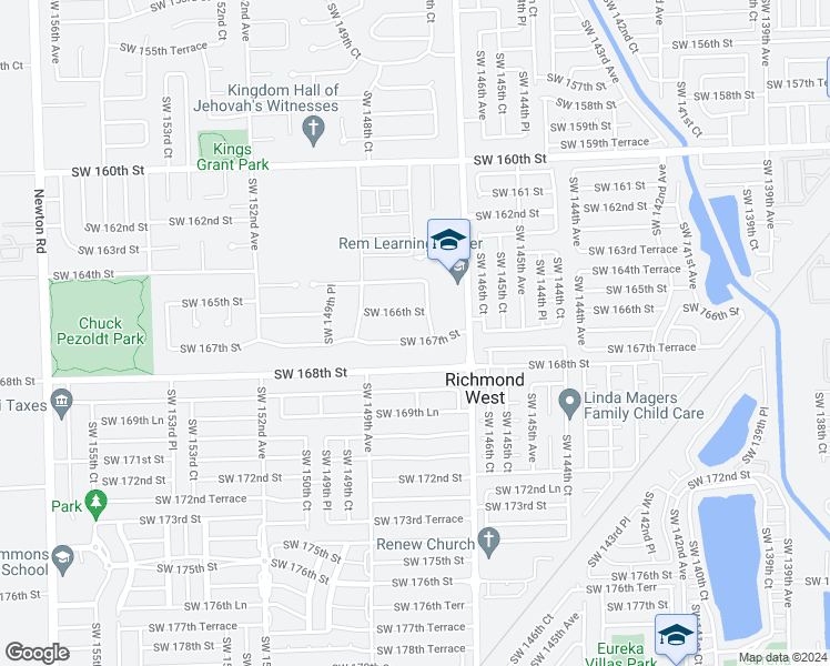 map of restaurants, bars, coffee shops, grocery stores, and more near 16635 Southwest 148th Avenue in Miami