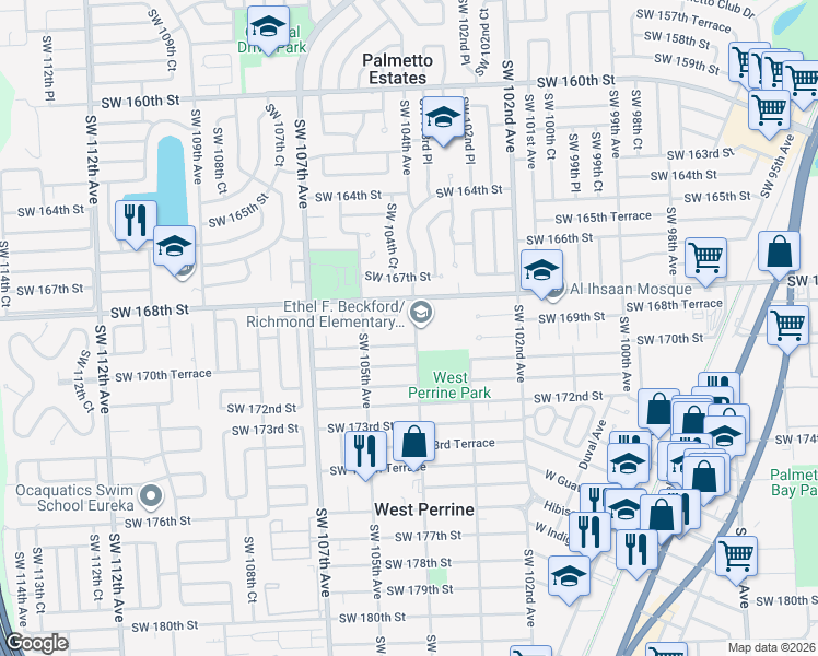 map of restaurants, bars, coffee shops, grocery stores, and more near 16909 Southwest 104th Avenue in Miami