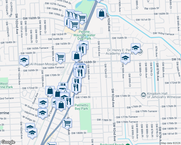 map of restaurants, bars, coffee shops, grocery stores, and more near 9385 Southwest 170th Street in Palmetto Bay