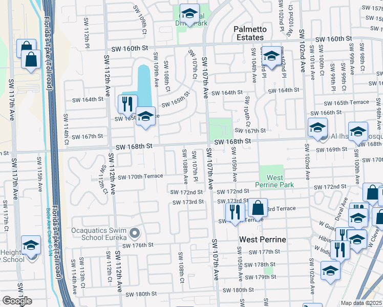 map of restaurants, bars, coffee shops, grocery stores, and more near 16812 Southwest 107th Place in Miami