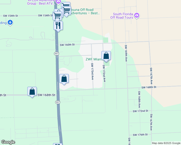 map of restaurants, bars, coffee shops, grocery stores, and more near 16500 Southwest 173rd Avenue in Miami