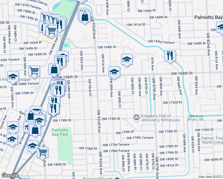 map of restaurants, bars, coffee shops, grocery stores, and more near 16988 Southwest 90th Avenue in Miami
