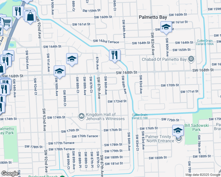 map of restaurants, bars, coffee shops, grocery stores, and more near 8521 Southwest 170th Terrace in Palmetto Bay