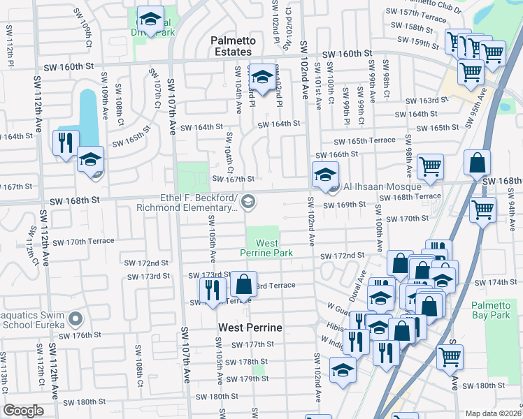 map of restaurants, bars, coffee shops, grocery stores, and more near 16909 Southwest 104th Avenue in Miami