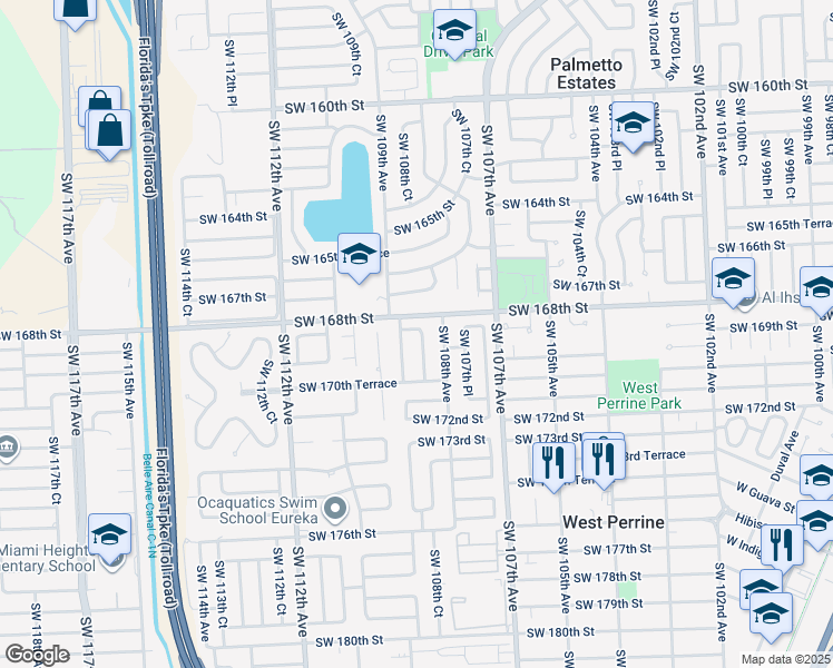 map of restaurants, bars, coffee shops, grocery stores, and more near 16810 Southwest 108th Court in Miami