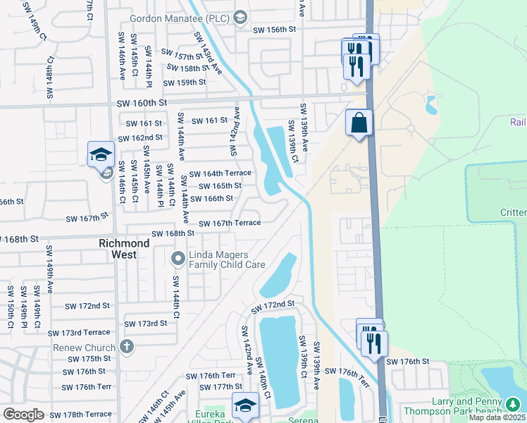 map of restaurants, bars, coffee shops, grocery stores, and more near 16621 SW 141st Ave in Miami