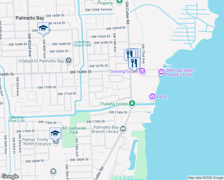 map of restaurants, bars, coffee shops, grocery stores, and more near 7440 Southwest 170th Terrace in Palmetto Bay