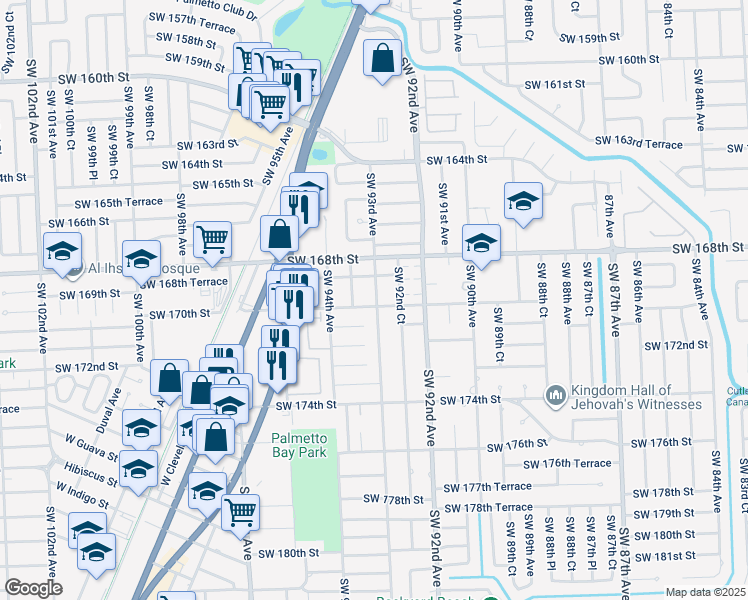 map of restaurants, bars, coffee shops, grocery stores, and more near 16950 Southwest 93rd Avenue in Palmetto Bay