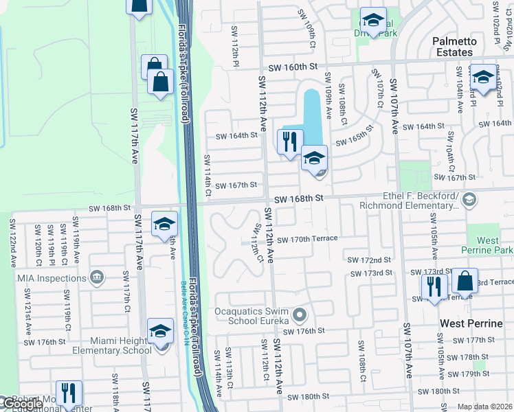 map of restaurants, bars, coffee shops, grocery stores, and more near 11221 Southwest 169th Street in Miami