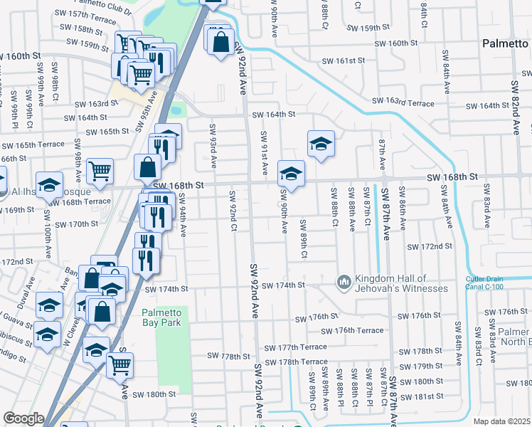 map of restaurants, bars, coffee shops, grocery stores, and more near 9121 Southwest 170th Street in Palmetto Bay