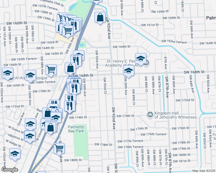 map of restaurants, bars, coffee shops, grocery stores, and more near 16981 Southwest 92nd Court in Palmetto Bay