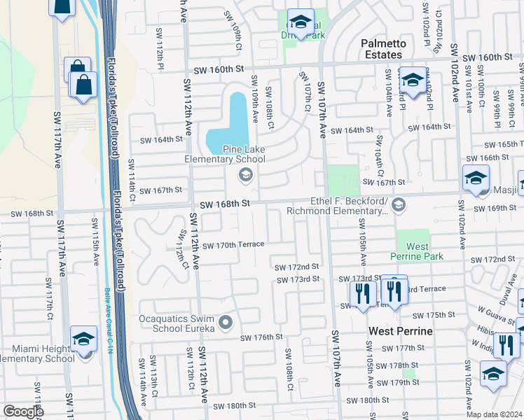 map of restaurants, bars, coffee shops, grocery stores, and more near 16810 Southwest 109th Avenue in Miami