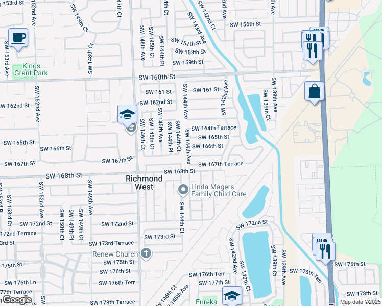 map of restaurants, bars, coffee shops, grocery stores, and more near 14385 Southwest 166th Terrace in Miami