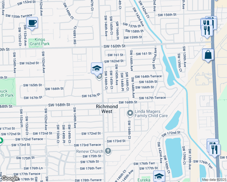 map of restaurants, bars, coffee shops, grocery stores, and more near 16641 Southwest 145th Court in Miami