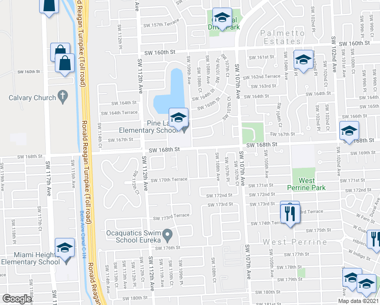 map of restaurants, bars, coffee shops, grocery stores, and more near 16805 Southwest 109th Court in Miami