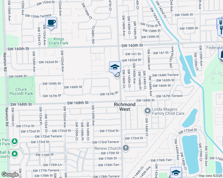map of restaurants, bars, coffee shops, grocery stores, and more near 16635 Southwest 148th Avenue in Miami